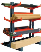 Cantilever Rack extends two arms at an angle to store long product such as wood, pipes, and metal.