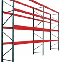 Pallet Rack, red and green. For storaging pallets and inventory.